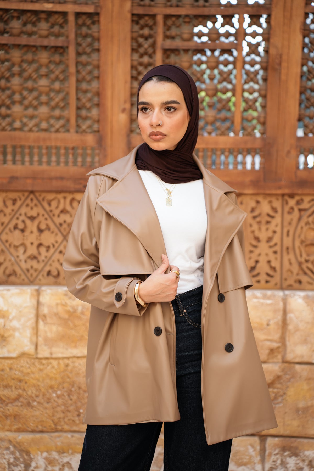 Leather Trench Jacket - Cafee