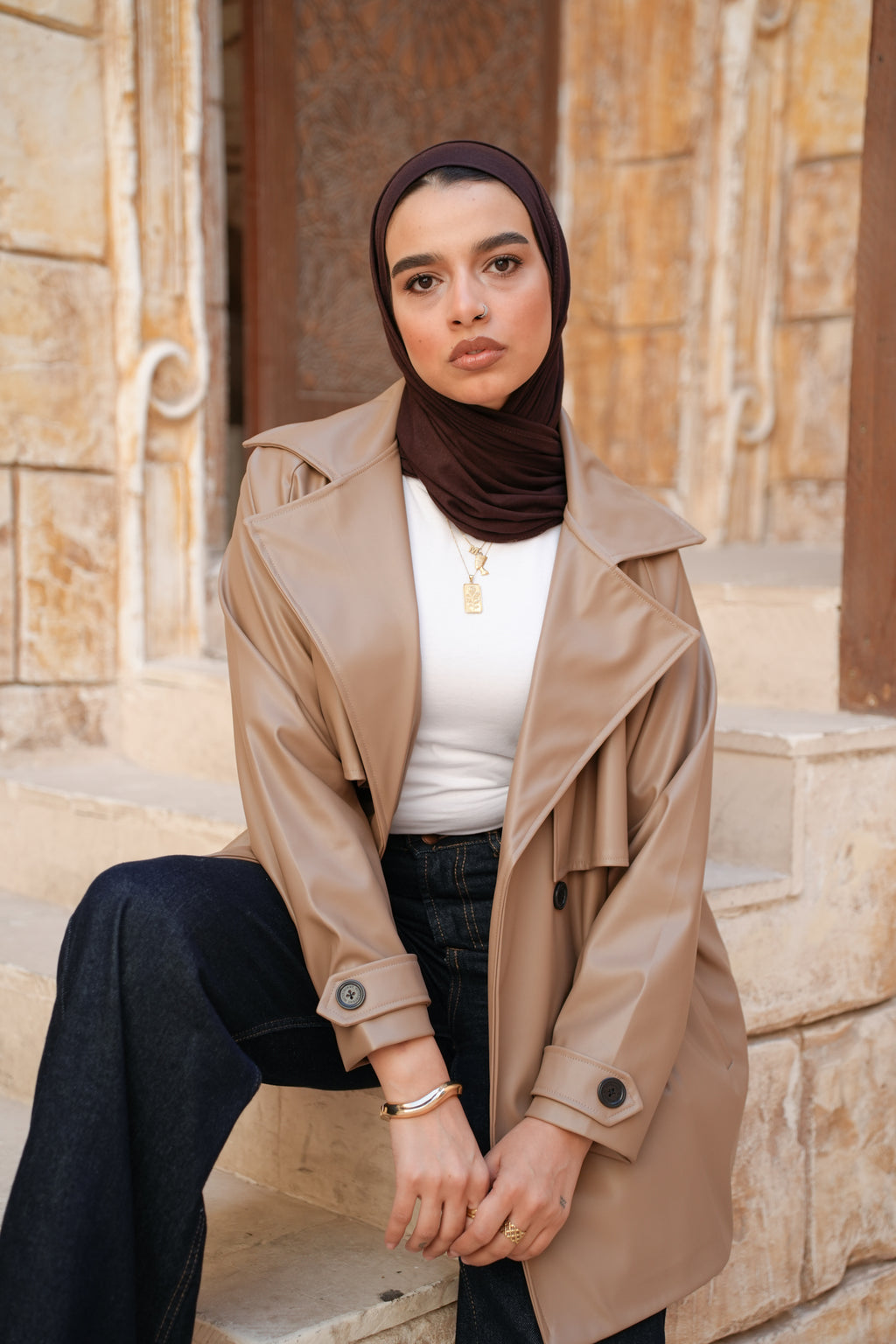 Leather Trench Jacket - Cafee