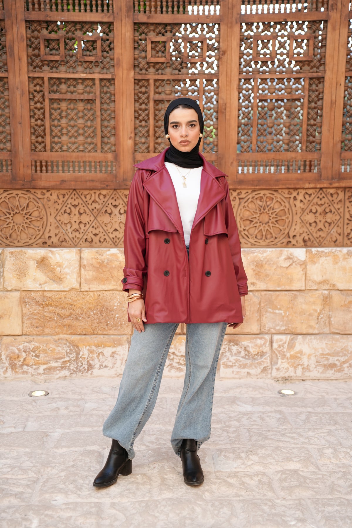Leather Trench Jacket - Burgundy