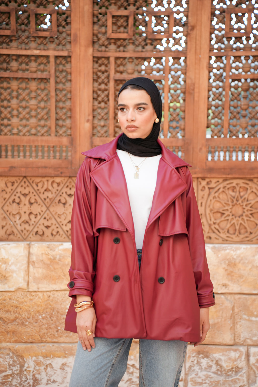 Leather Trench Jacket - Burgundy