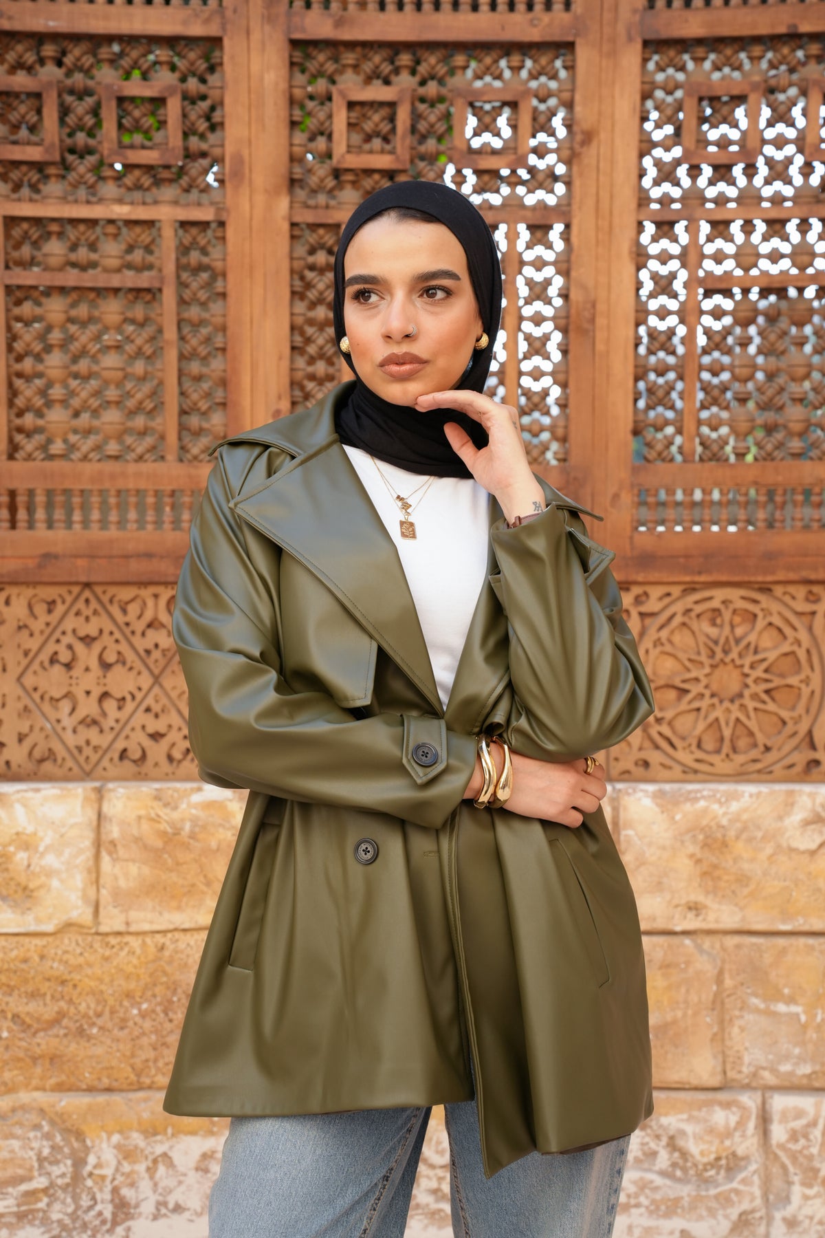 Leather Trench Jacket - Olive
